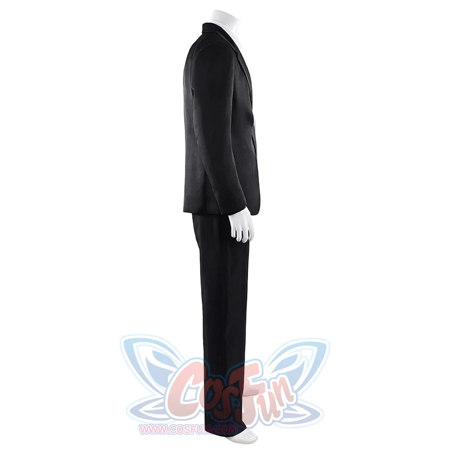 Harvey Dent Two-Face cosplay costume side profile follows the black jacket sleeve over matching pants.
