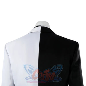 Harvey Dent Two-Face cosplay jacket back detail divides white and black shoulder panels along the center seam.