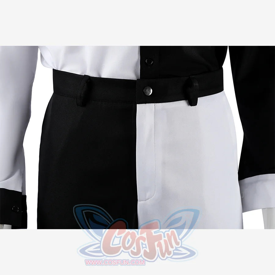 Harvey Dent Two-Face cosplay pants waist detail anchors black belt hardware above divided trouser panels.