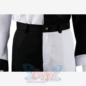 Harvey Dent Two-Face cosplay pants waist detail anchors black belt hardware above divided trouser panels.