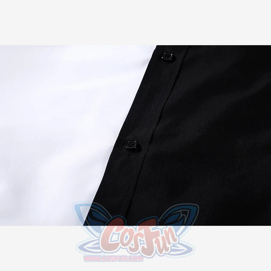 Harvey Dent Two-Face cosplay shirt button detail follows the diagonal divide between white and black fabric.