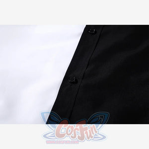 Harvey Dent Two-Face cosplay shirt button detail follows the diagonal divide between white and black fabric.