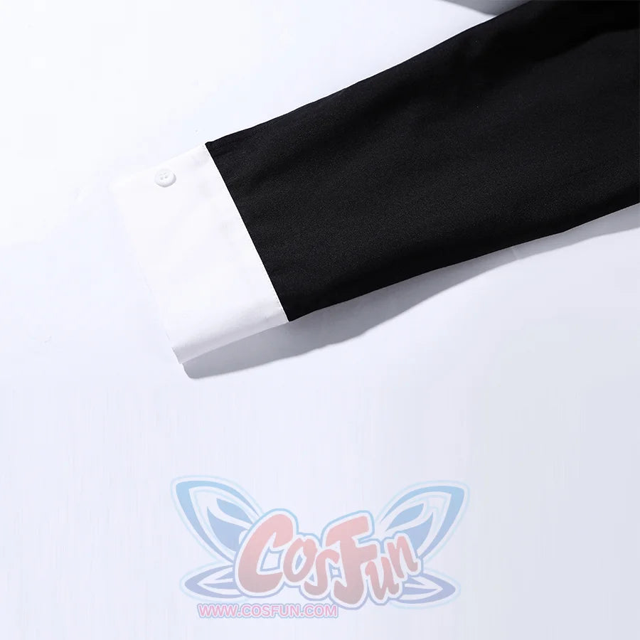 Harvey Dent Two-Face cosplay shirt cuff detail sets a black sleeve panel against a crisp white cuff.