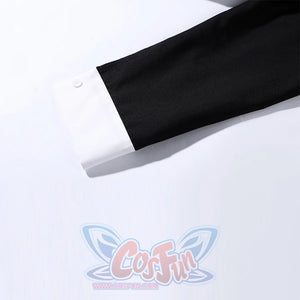 Harvey Dent Two-Face cosplay shirt cuff detail sets a black sleeve panel against a crisp white cuff.