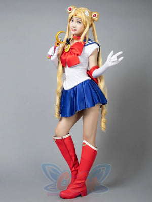 Usagi Tsukino cosplay costume back view layers a red waist bow over the blue pleated skirt