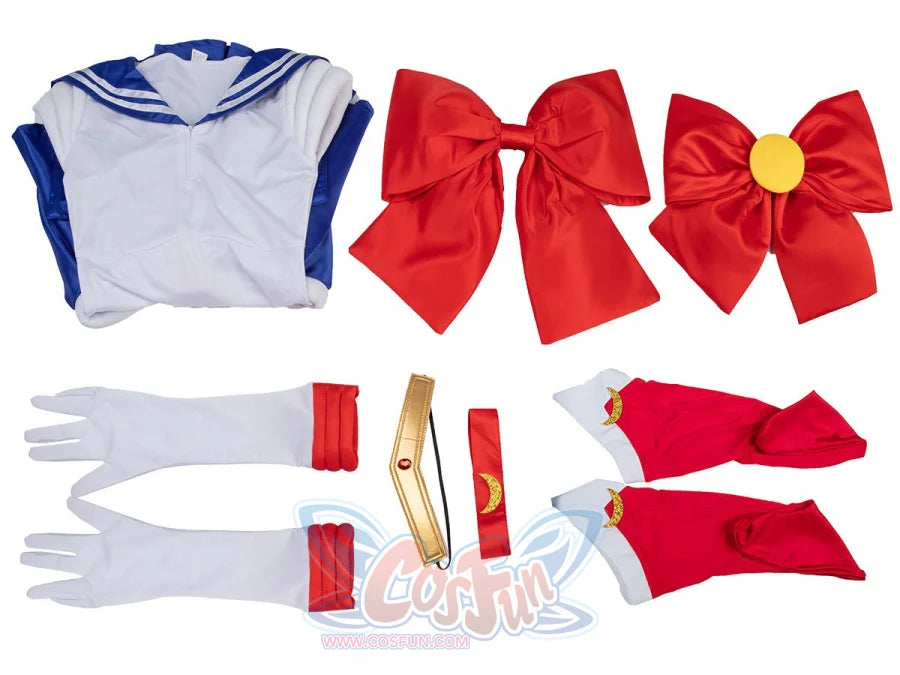 Usagi Tsukino cosplay costume flat lay arranges the blue dress beside red bows and leg covers