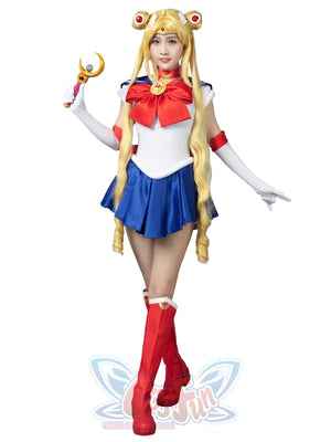 Usagi Tsukino cosplay costume full view centers the red chest bow above the blue pleated skirt