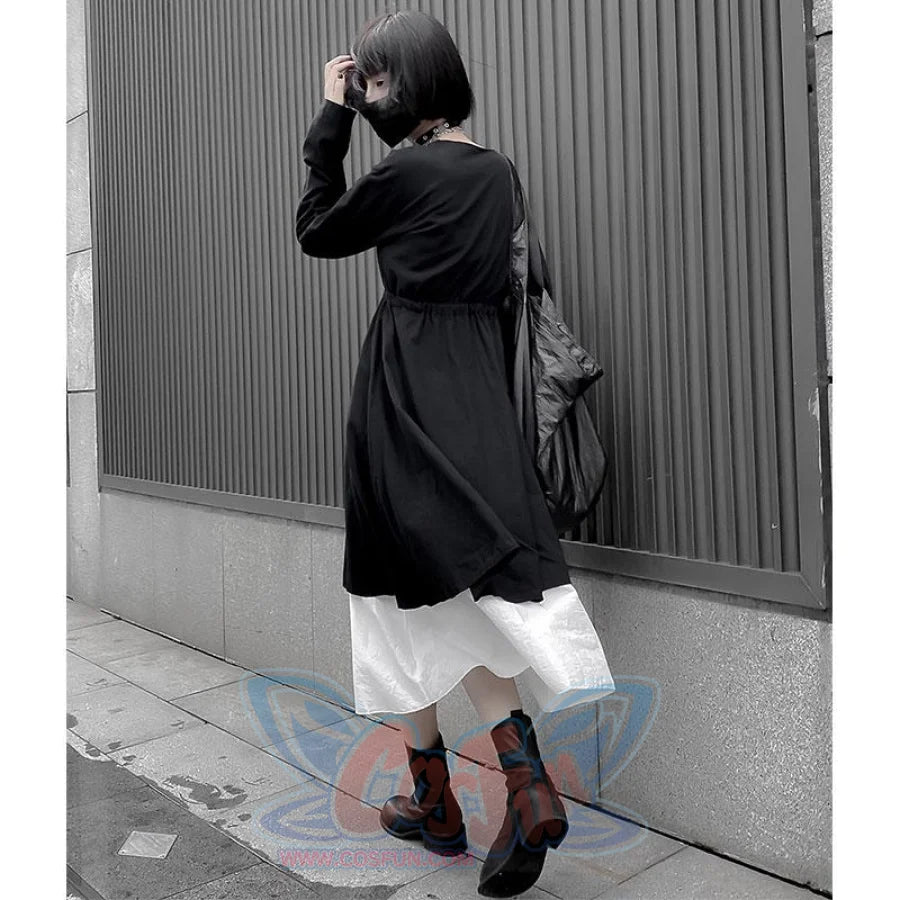 V-Neck Button Drawstring Two-Piece Dress