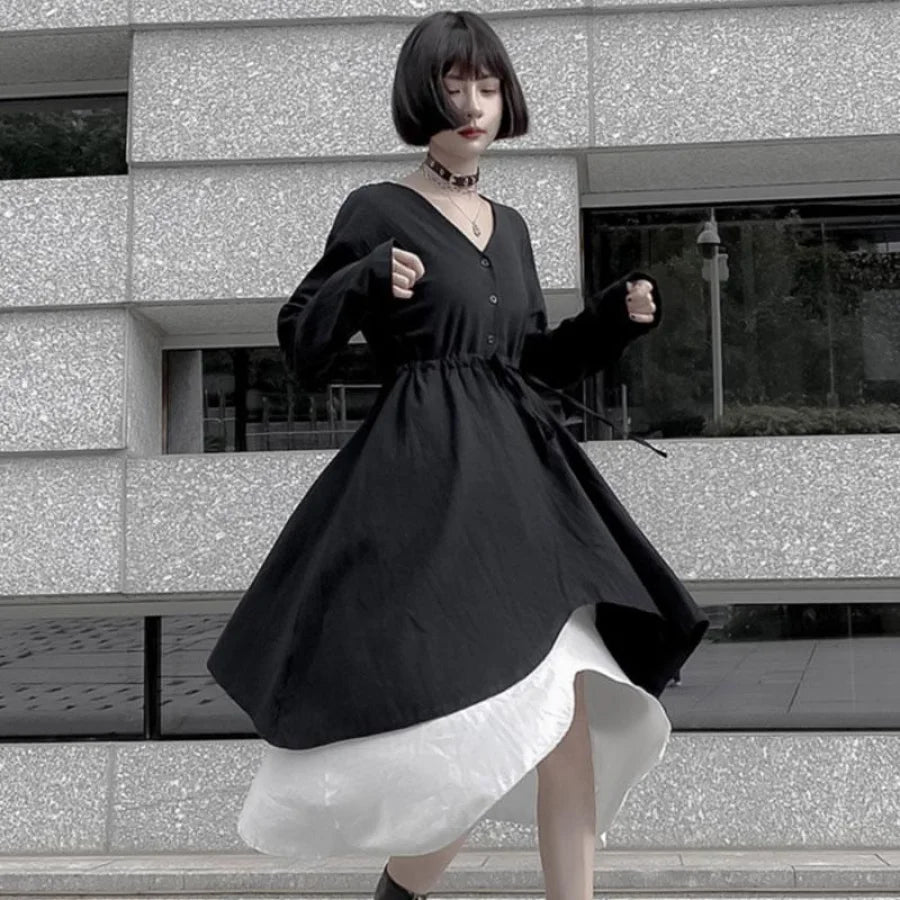 V-Neck Button Drawstring Two-Piece Dress