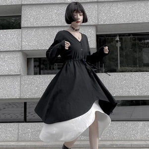 V-Neck Button Drawstring Two-Piece Dress