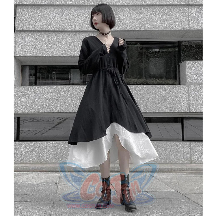 V-Neck Button Drawstring Two-Piece Dress