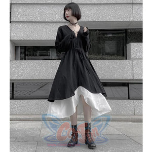 V-Neck Button Drawstring Two-Piece Dress