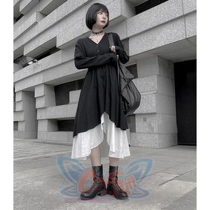 V-Neck Button Drawstring Two-Piece Dress