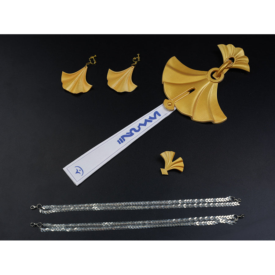 Velina Airgid cosplay accessories flat lay arranges the gold hair bow beside chains, earrings, scarf, and straps.
