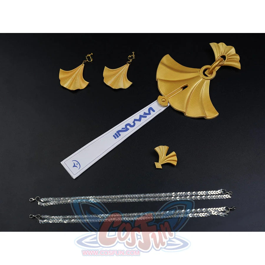 Velina Airgid cosplay accessories flat lay arranges the gold hair bow beside chains, earrings, scarf, and straps.