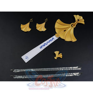 Velina Airgid cosplay accessories flat lay arranges the gold hair bow beside chains, earrings, scarf, and straps.