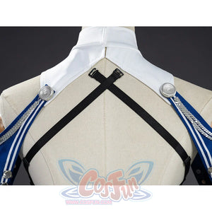 Velina Airgid cosplay back shoulder strap detail forms a black crossed harness over the white collar.