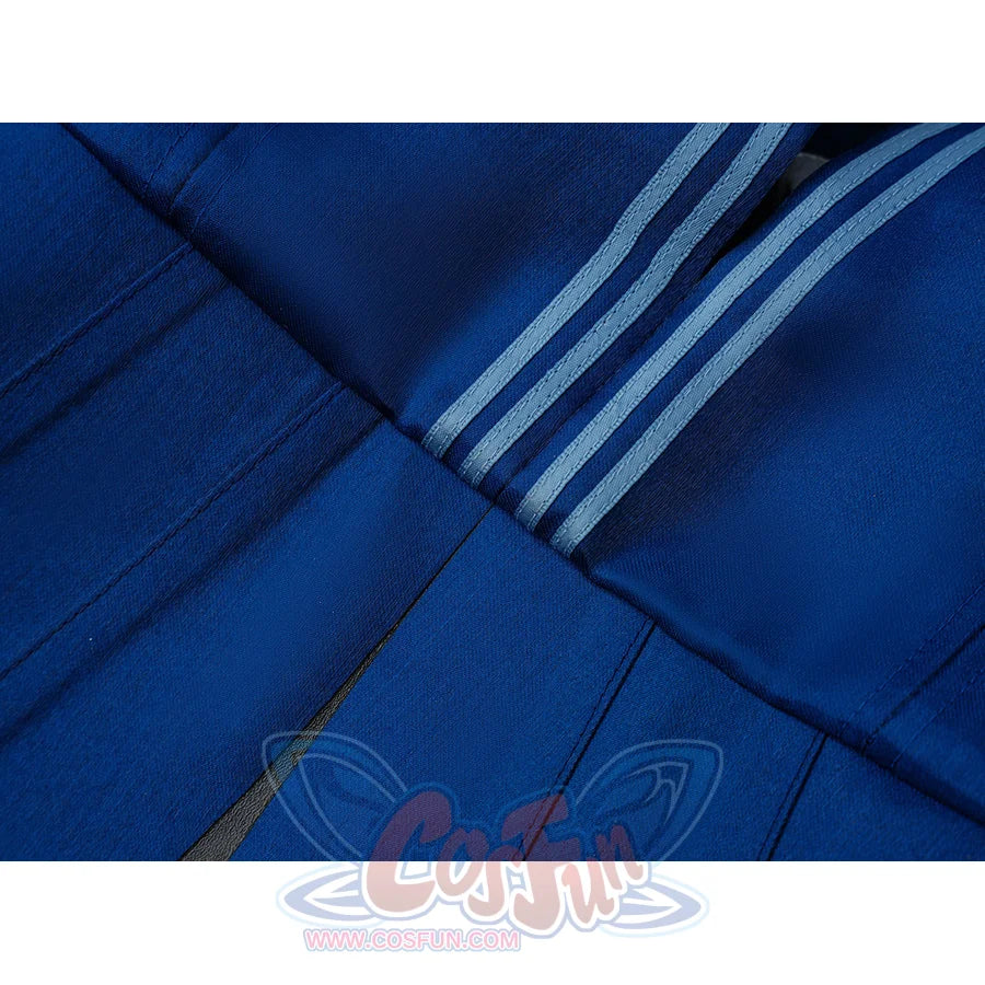 Velina Airgid cosplay blue pleat detail highlights striped trim set over the satin skirt fabric.