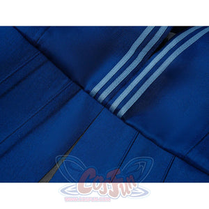 Velina Airgid cosplay blue pleat detail highlights striped trim set over the satin skirt fabric.
