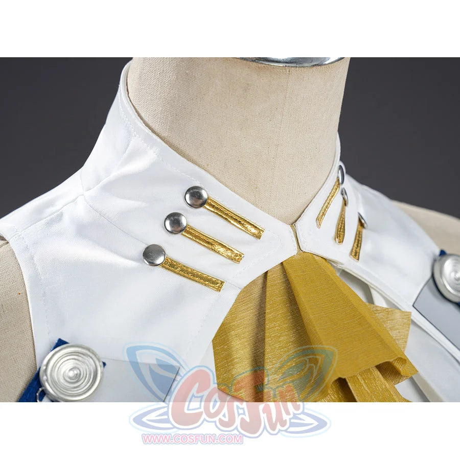 Velina Airgid cosplay collar bow detail centers a gold bow beneath white lapels and silver button accents.