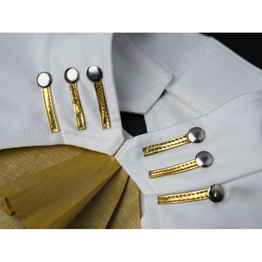 Velina Airgid cosplay collar trim detail shows gold bars and pearl-like buttons beside the yellow bow.