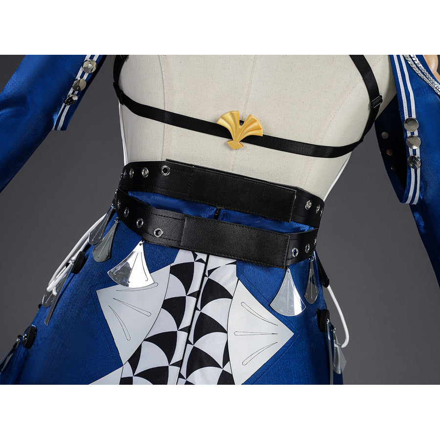 Velina Airgid cosplay waist belt detail highlights black faux leather set against blue fabric and gold trim.
