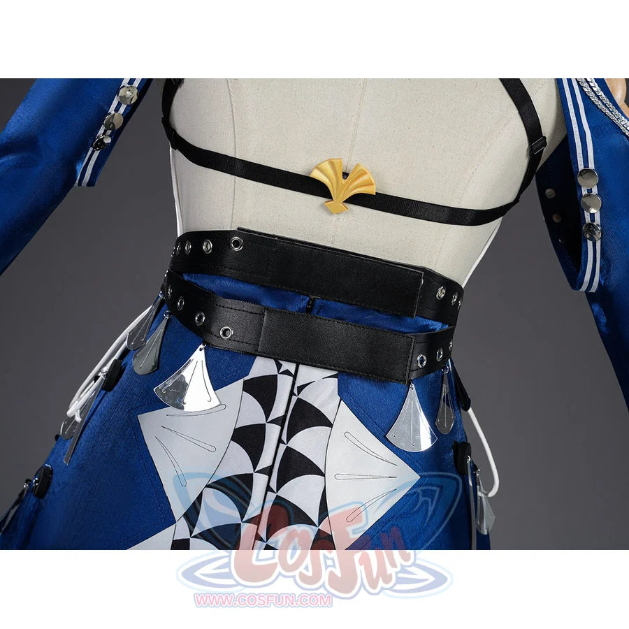 Velina Airgid cosplay waist belt detail highlights black faux leather set against blue fabric and gold trim.