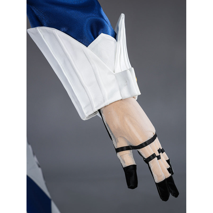 Velina Airgid cosplay glove strap detail focuses on black hand straps below the white pleated cuff.