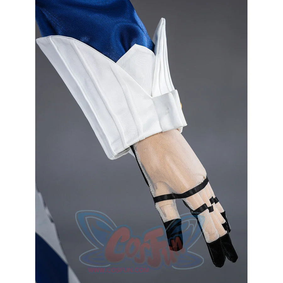 Velina Airgid cosplay glove strap detail focuses on black hand straps below the white pleated cuff.