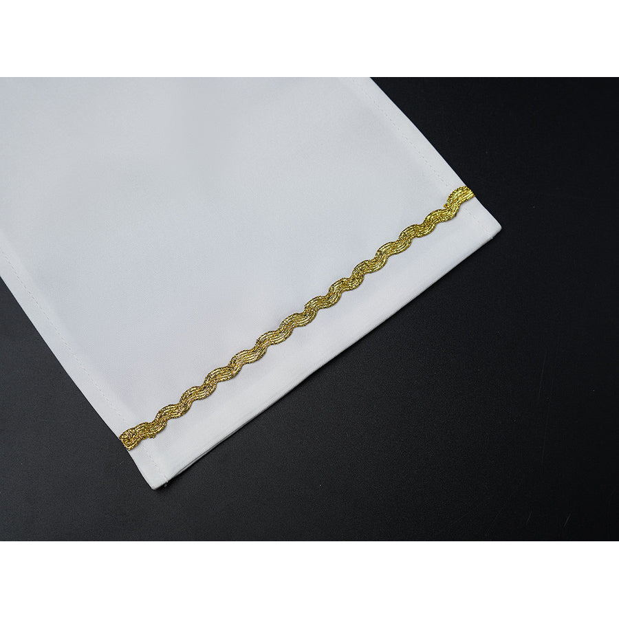 Velina Airgid cosplay head scarf trim detail highlights a gold braid edge along the white fabric.