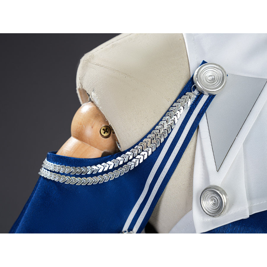 Velina Airgid cosplay shoulder strap detail highlights blue satin trim framed by white edging and silver buttons.