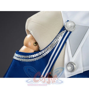 Velina Airgid cosplay shoulder strap detail highlights blue satin trim framed by white edging and silver buttons.