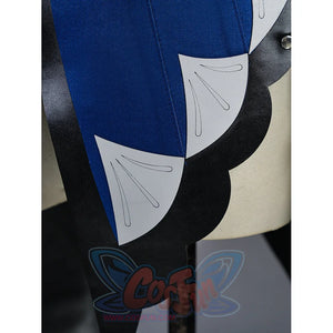 Velina Airgid cosplay skirt panel detail shows blue and white scalloped layers over the black train.