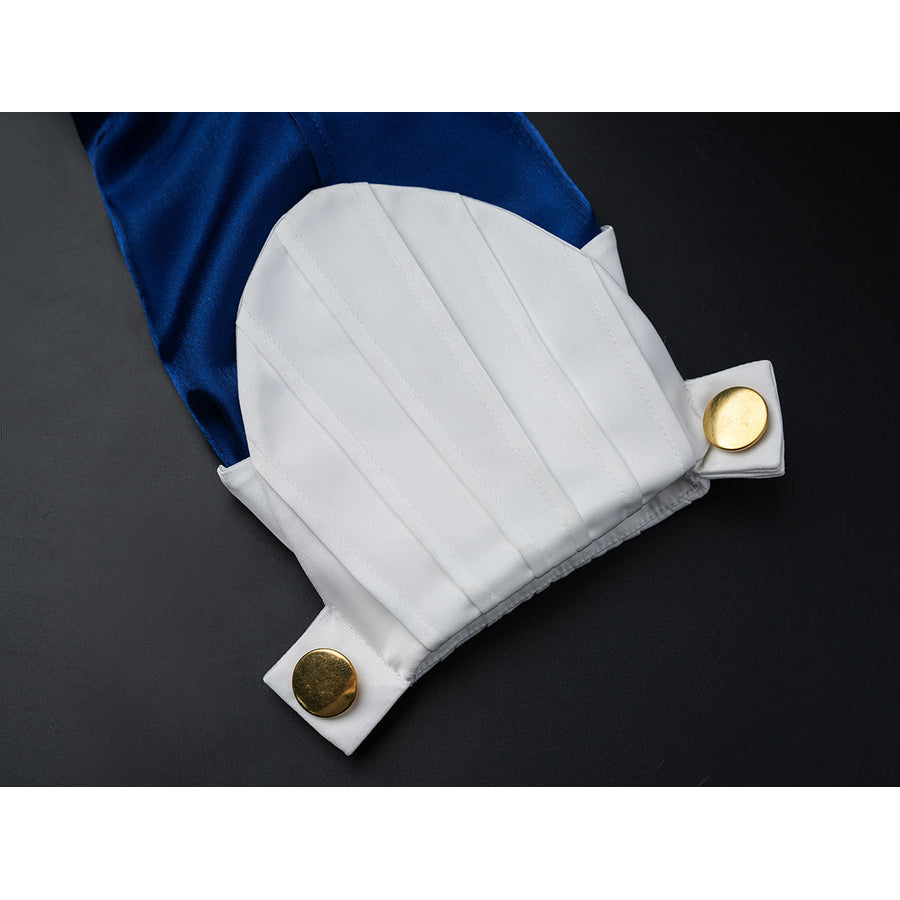 Velina Airgid cosplay sleeve cuff detail centers pleated white fabric finished with gold buttons.