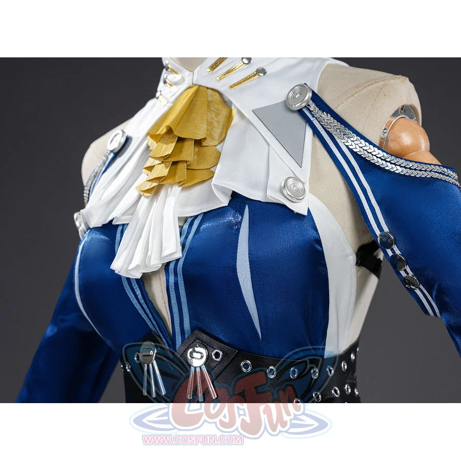 Velina Airgid cosplay upper bodice detail frames the gold bow between white lapels and blue sleeves.