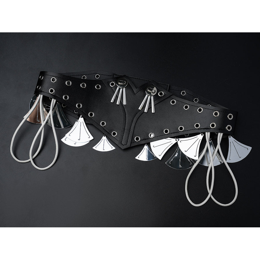 Velina Airgid cosplay waist accessories include black faux leather panels accented by silver tassel details.