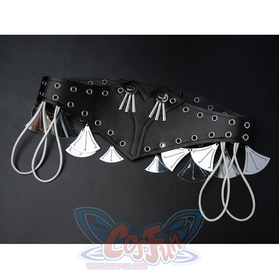 Velina Airgid cosplay waist accessories include black faux leather panels accented by silver tassel details.