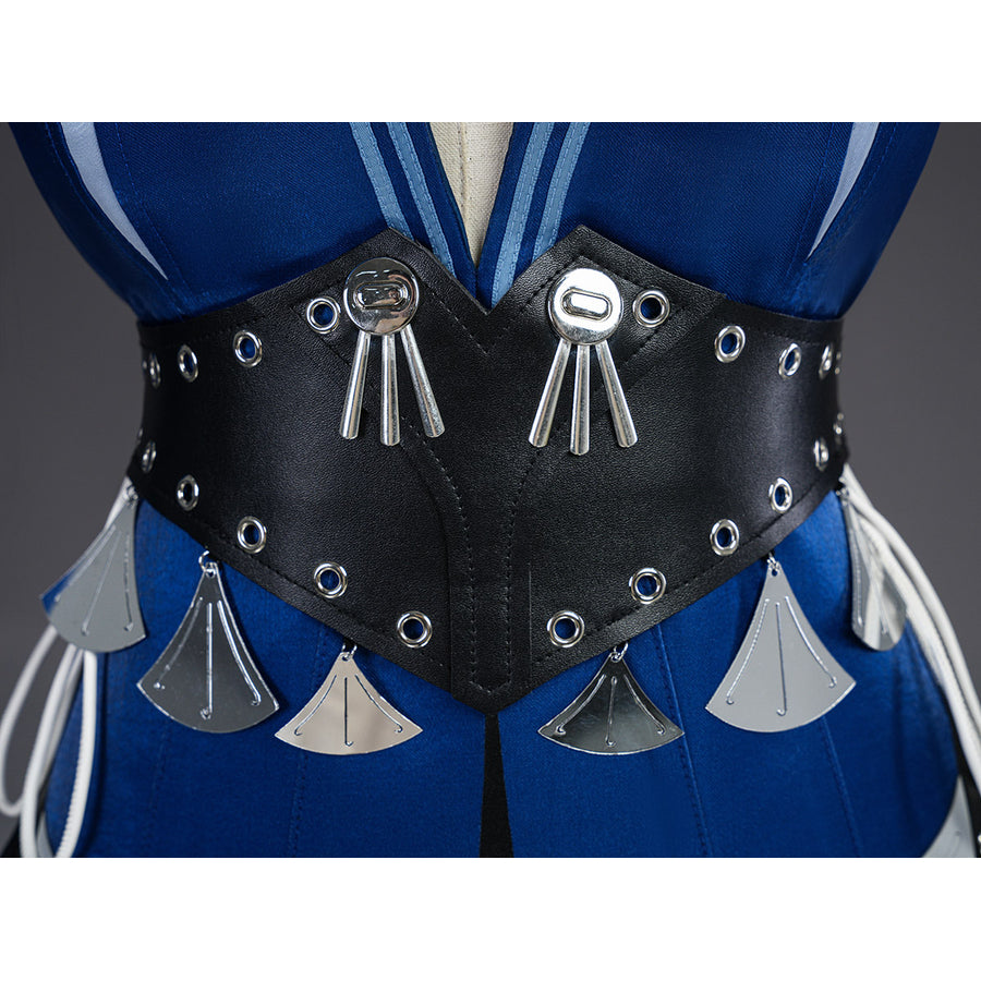 Velina Airgid cosplay waist belt detail features black faux leather set with silver rings and hanging tassels.