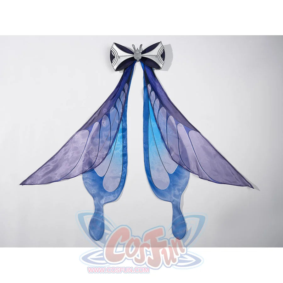 Velina Airgid cosplay costume curves elegant gradient blue and purple fabric into butterfly wings with a metallic center bow.