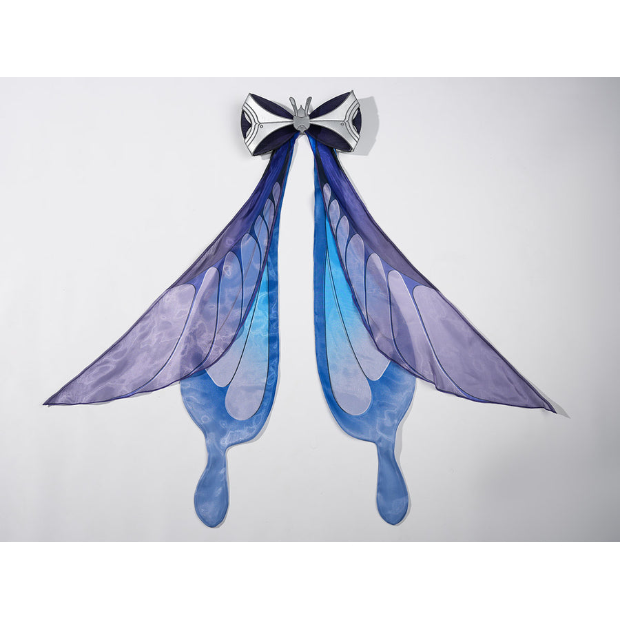Velina Airgid cosplay costume curves elegant gradient blue and purple fabric into butterfly wings with a metallic center bow.