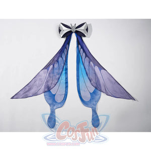 Velina Airgid cosplay costume curves elegant gradient blue and purple fabric into butterfly wings with a metallic center bow.