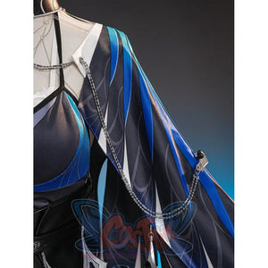 Velina Airgid cosplay costume drapes a printed capelet over a satin dress and secures the chest with silver-tone link chains.