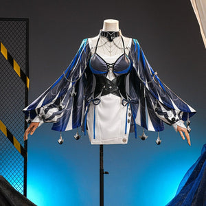 COSFUN Velina Airgid cosplay costume sets a white dress with a detailed black corset and elegant patterned blue capelet.