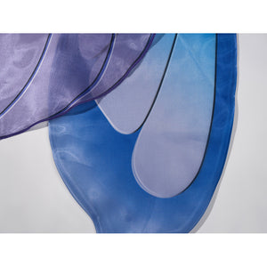Velina Airgid cosplay costume layers smooth blue and purple satin fabric with bold black outlines on the capelet trim.