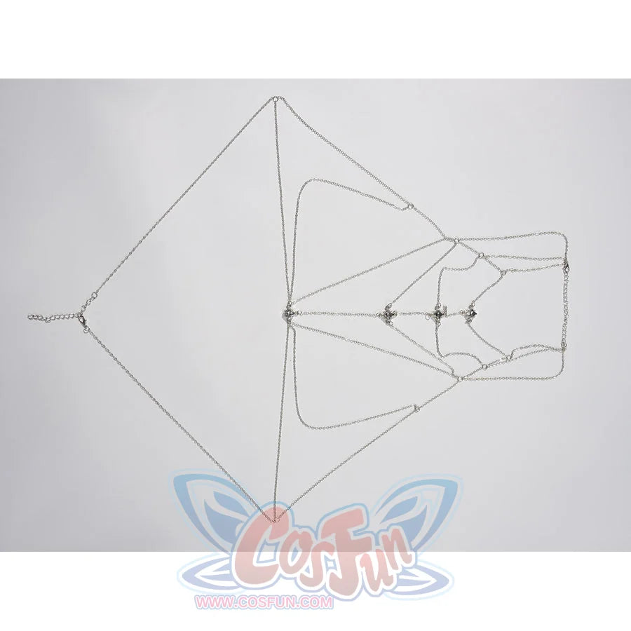 Velina Airgid cosplay costume centers a metallic geometric chest chain designed with intricate interlocking layers.