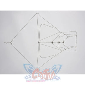 Velina Airgid cosplay costume centers a metallic geometric chest chain designed with intricate interlocking layers.