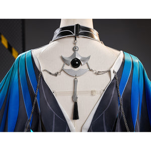 Velina Airgid cosplay costume centers silver-tone chest chain ornament with tassel on gradient blue capelet.
