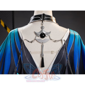 Velina Airgid cosplay costume centers silver-tone chest chain ornament with tassel on gradient blue capelet.
