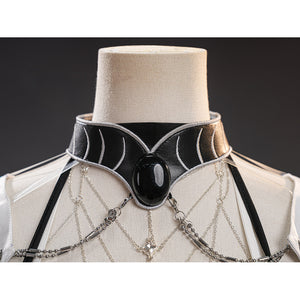 Velina Airgid cosplay costume centers black faux leather choker with silver-tone stitching and central gem-like accents-like.