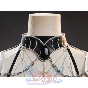 Velina Airgid cosplay costume centers black faux leather choker with silver-tone stitching and central gem-like accents-like.